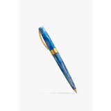 Visconti Mirage Mythos Odysseus ballpoint pen, showing the blue and turquoise swirl acrylic body with gold-tone trim and twist mechanism