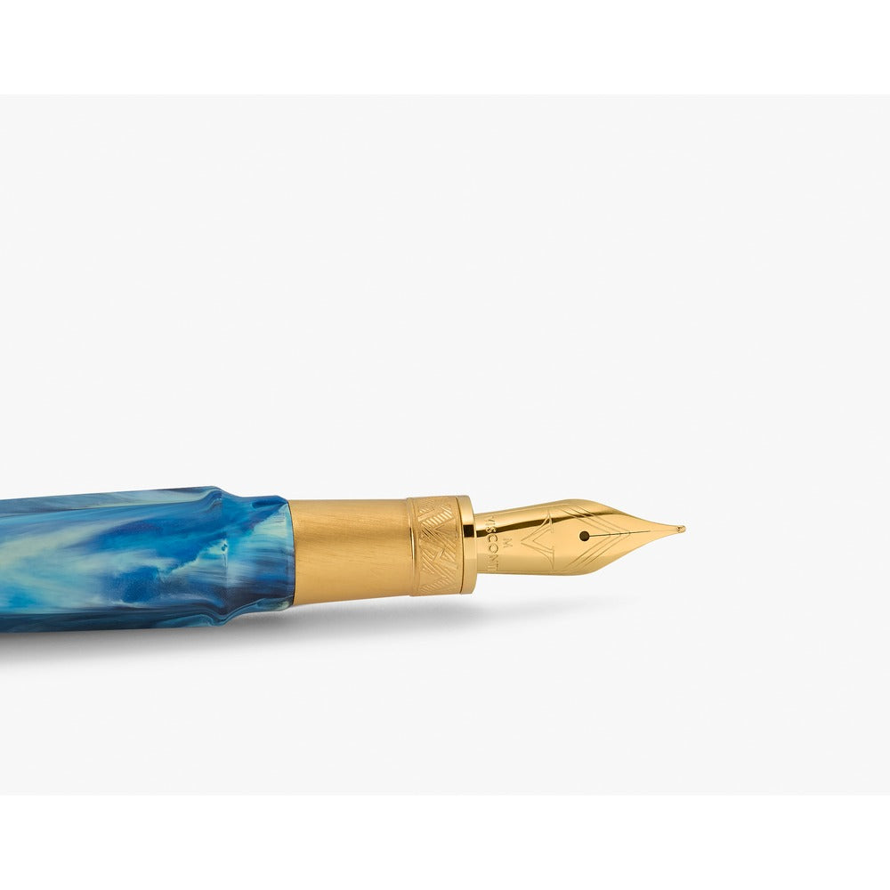 Visconti Mirage Mythos Odysseus collection, detail view of the swirled blue and turquoise acrylic resin