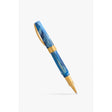 Visconti Mirage Mythos Odysseus rollerball pen, showing the blue and turquoise swirl acrylic body with gold-tone trim and rollerball tip
