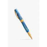Visconti Mirage Mythos Odysseus rollerball pen, showing the blue and turquoise swirl acrylic body with gold-tone trim and rollerball tip