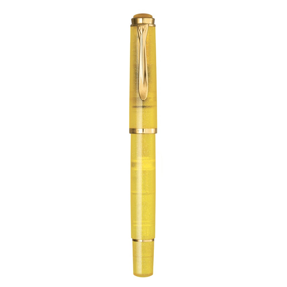 Pelikan Classic 200 Special Edition Pyrite fountain pen, capped, showing the translucent gold shimmer resin body