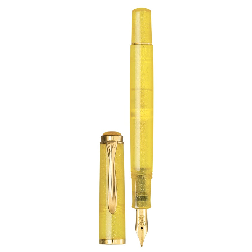 Pelikan Classic 200 Special Edition Pyrite fountain pen, uncapped, showing the nib and cap posted on the barrel