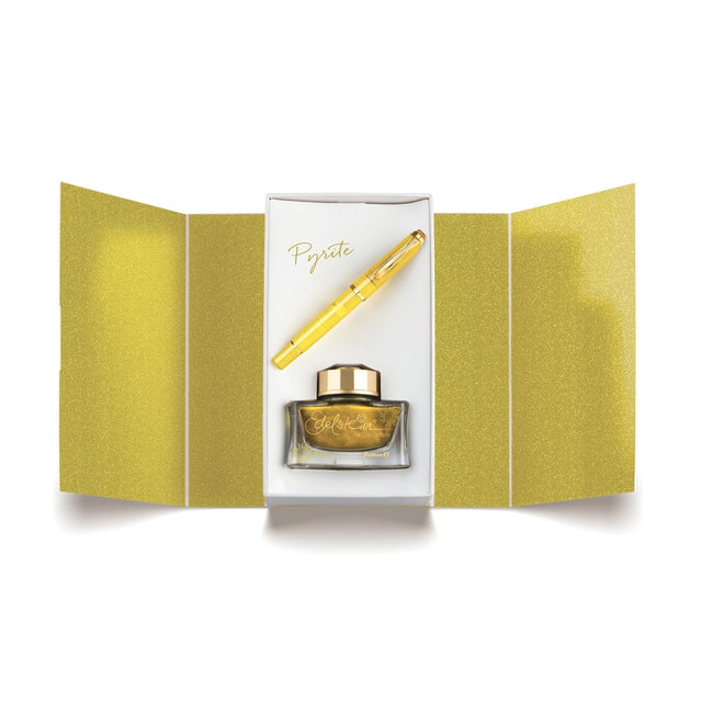 Pelikan Classic 200 Special Edition Pyrite Gift Set, fountain pen and Edelstein Ink of the Year 2026 Pyrite bottle displayed together