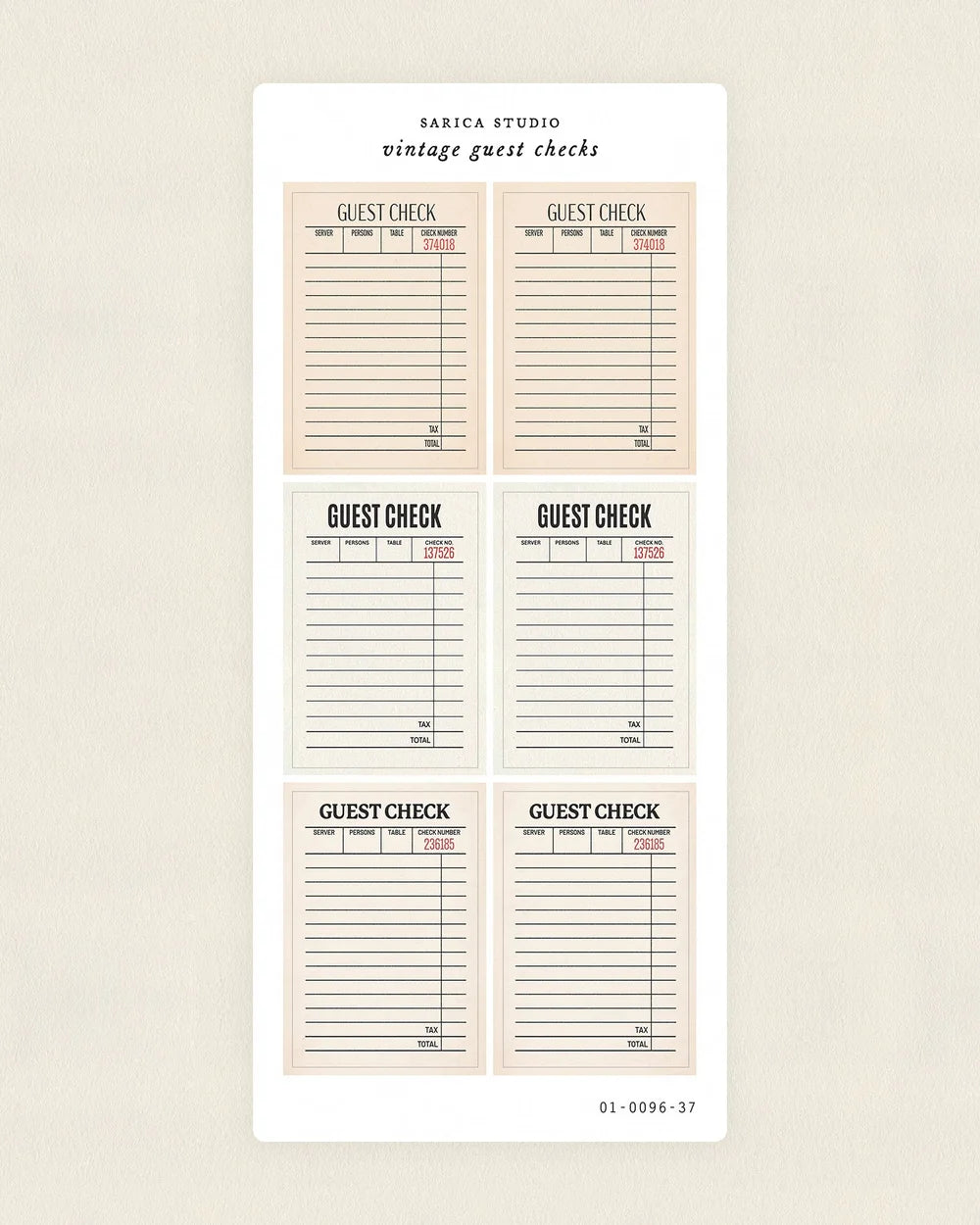 Sarica Studio Vintage Guest Check Stickers