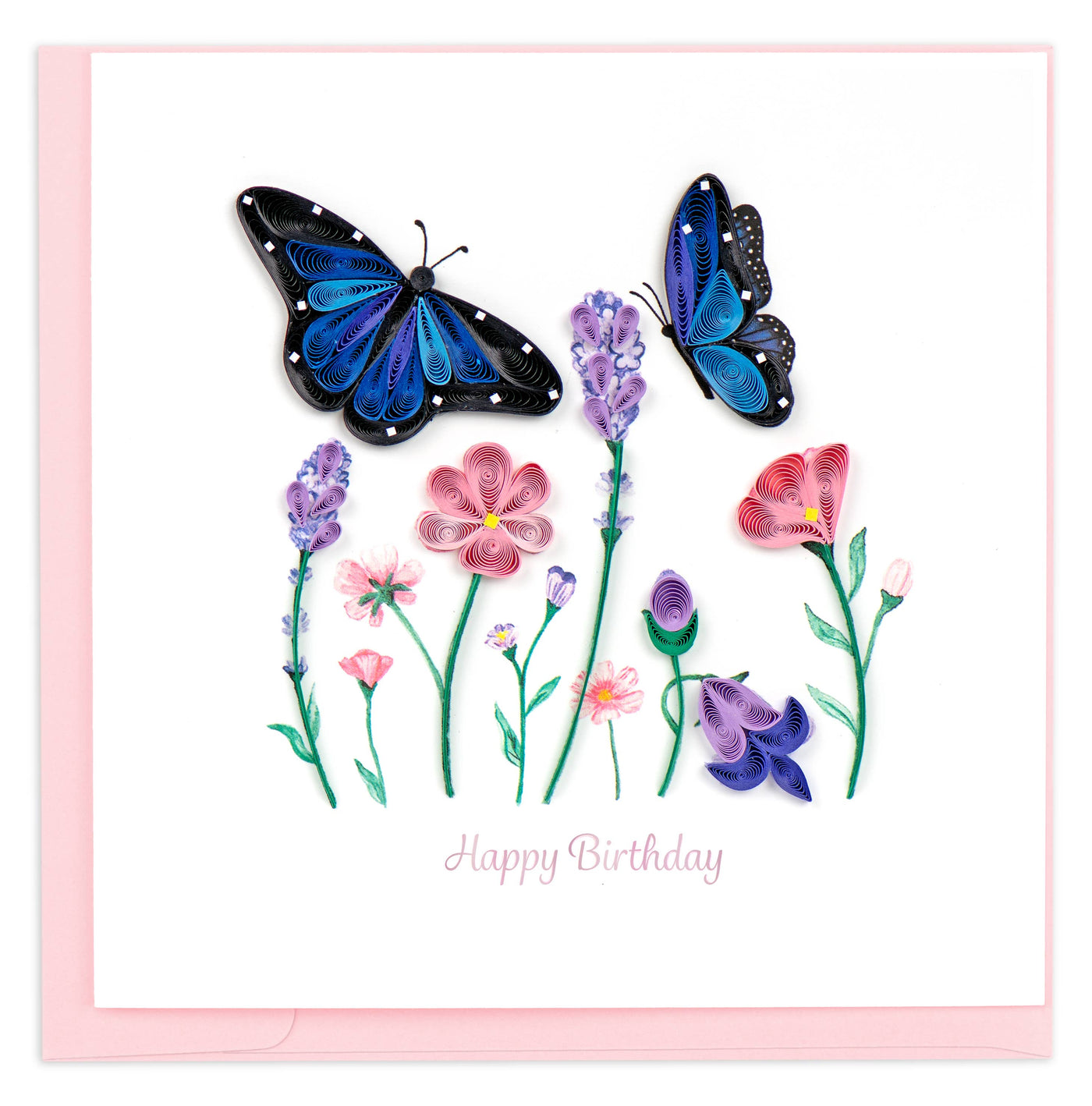 Quilled Birthday Flowers & Blue Butterflies Greeting Card