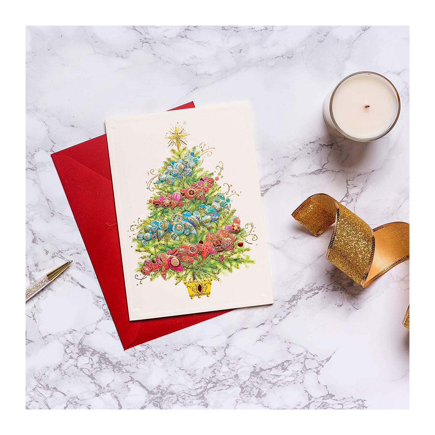 Papyrus Boxed Holiday Cards - Glittered Christmas Trees with Ornaments | Atlas Stationers.