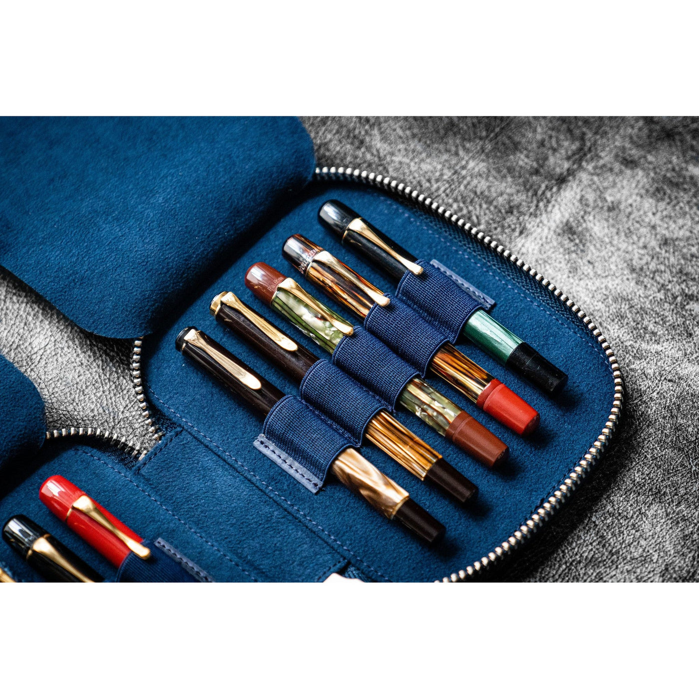 Galen Leather 10 Pen Zipper Case - Crazy Horse Navy Blue | Atlas Stationers.
