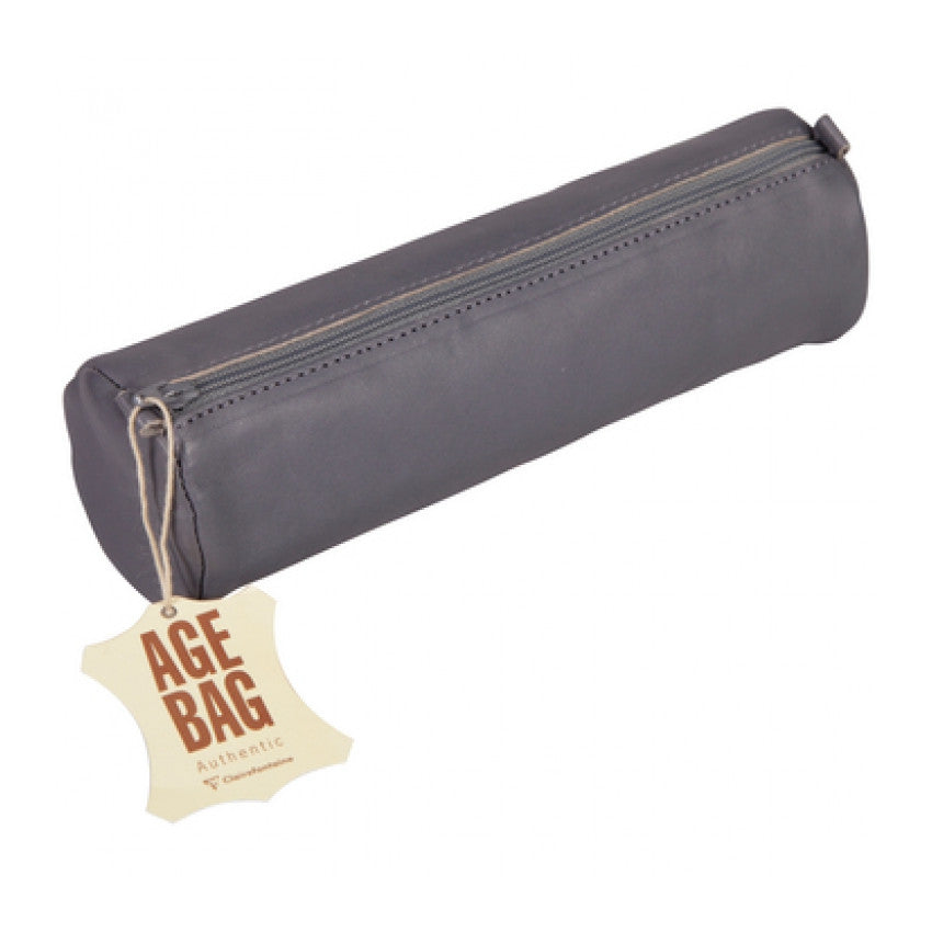 Clairefontaine Leather Round Pencil Case - 8 1/2 x Ø 2 1/2 - Grey | Atlas Stationers.
