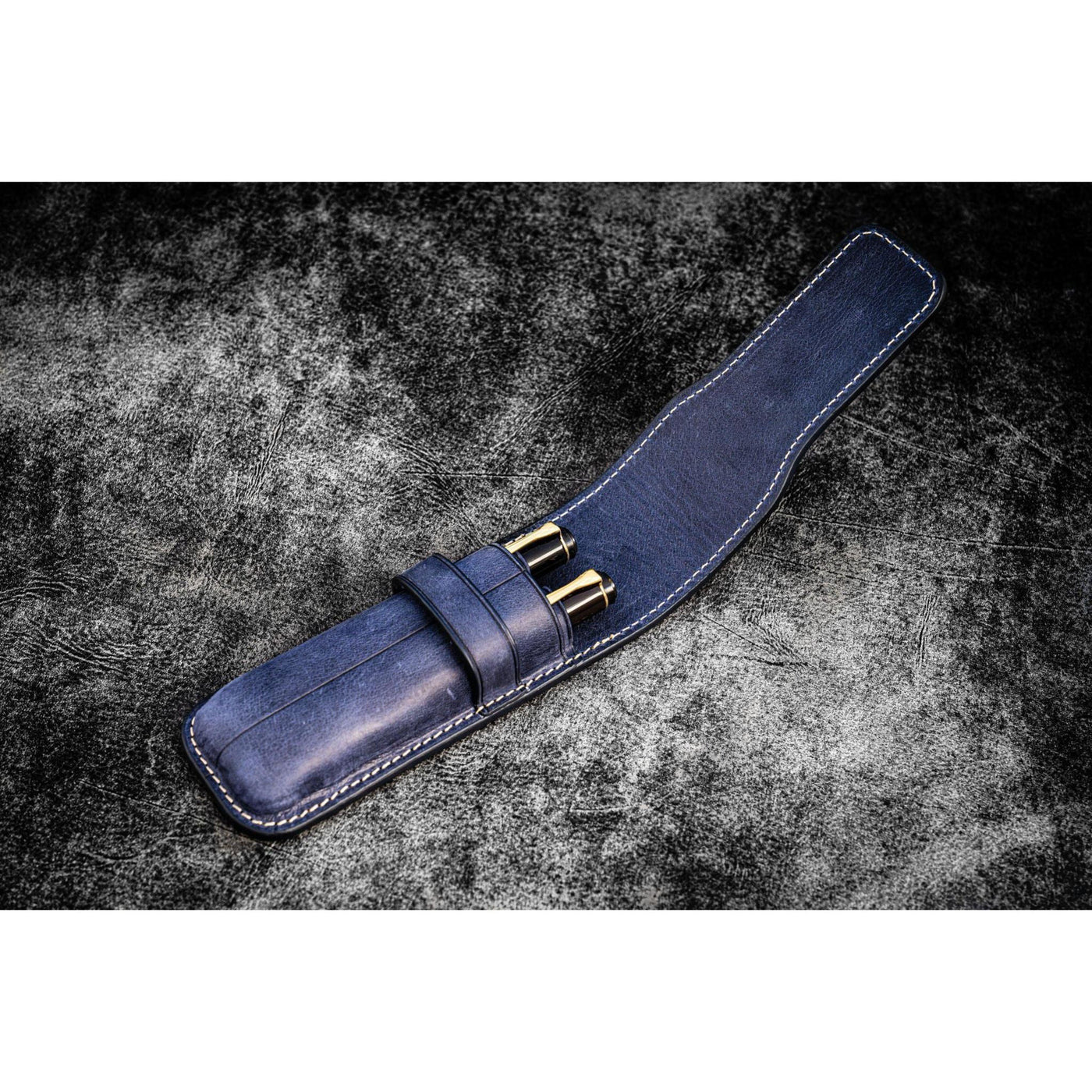 Galen Leather 2 Pen Flap Case - Crazy Horse Navy Blue | Atlas Stationers.