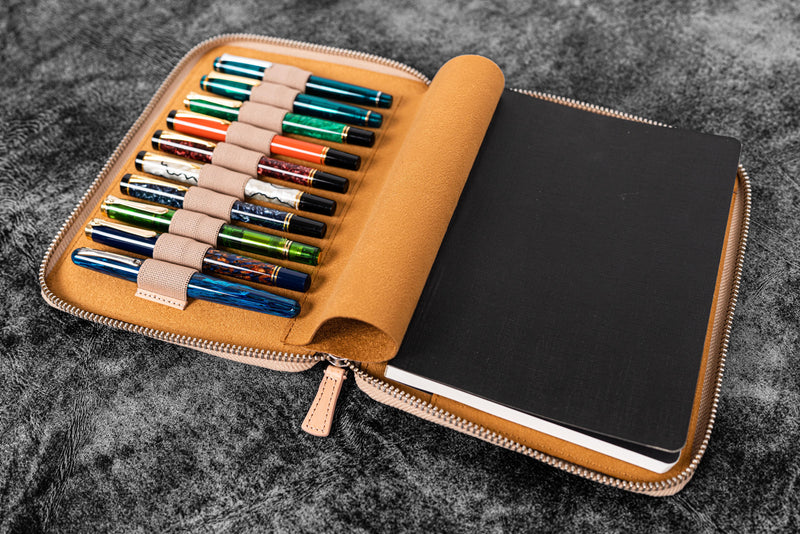 Galen Leather 10 Pen Zipper Case with A5 Notebook Holder - Undyed | Atlas Stationers.
