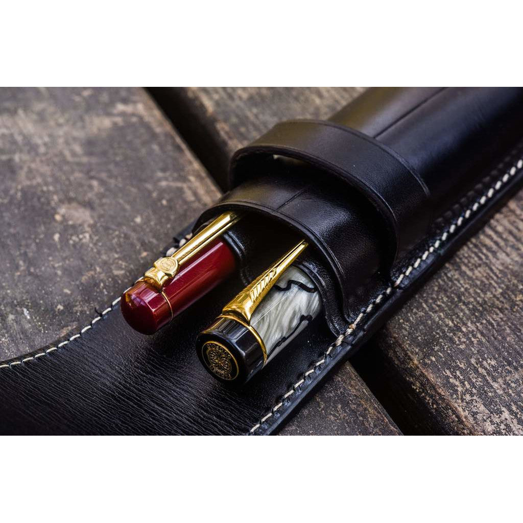 Galen Leather 2 Pen Flap Case - Black | Atlas Stationers.