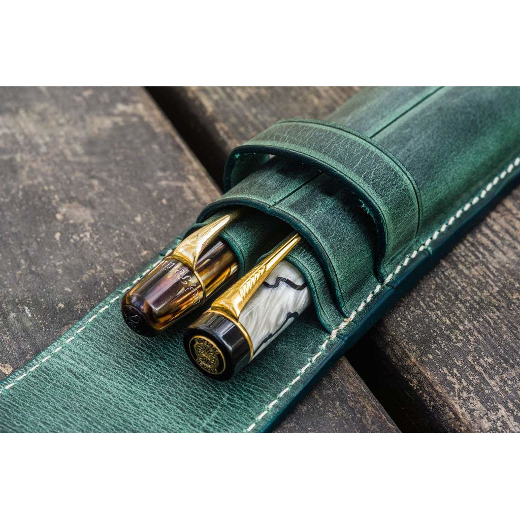 Galen Leather 2 Pen Flap Case - Crazy Horse Green | Atlas Stationers.