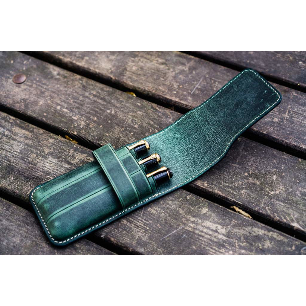 Galen Leather 3 Pen Flap Case - Forest Green | Atlas Stationers.