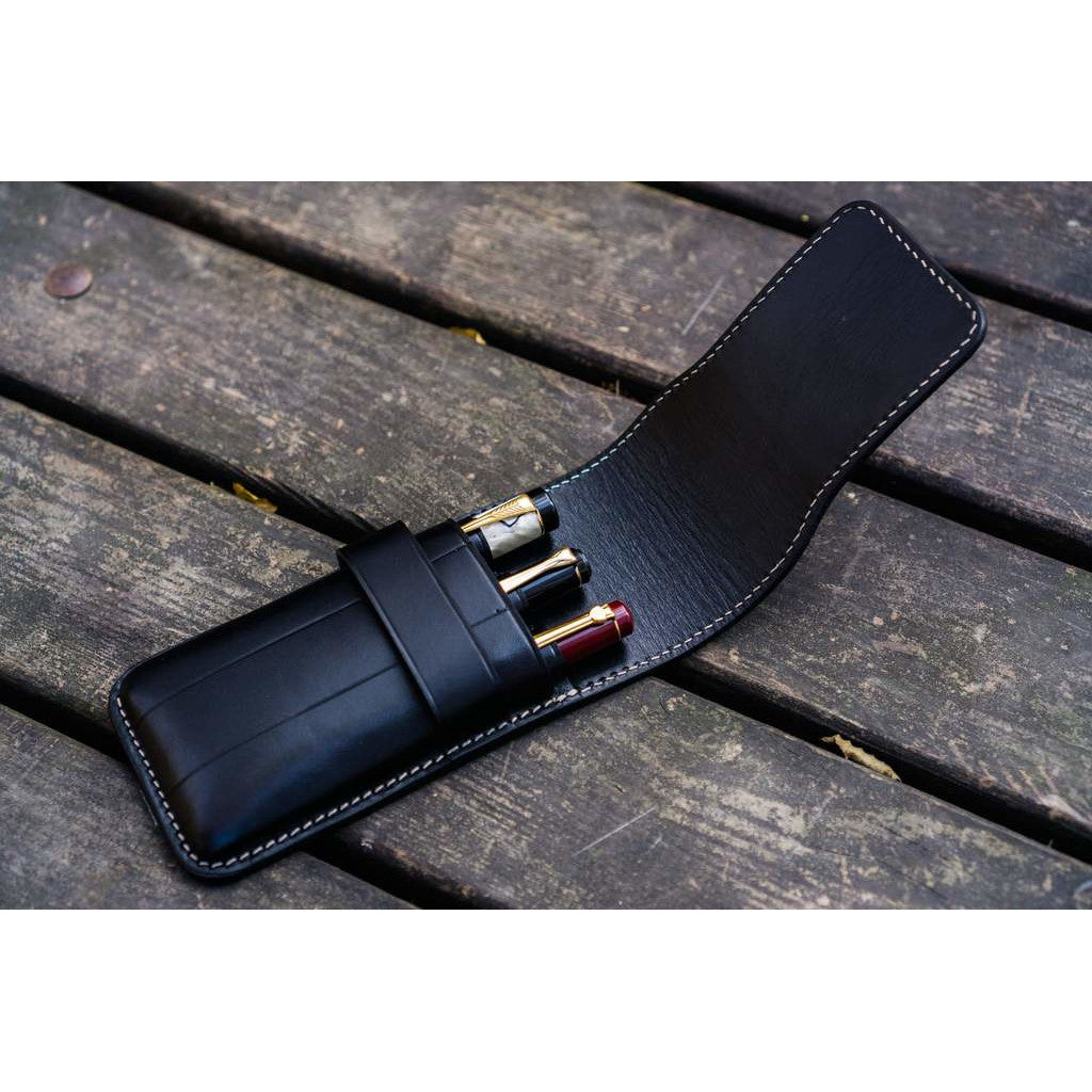 Galen Leather 3 Pen Flap Case - Black | Atlas Stationers.
