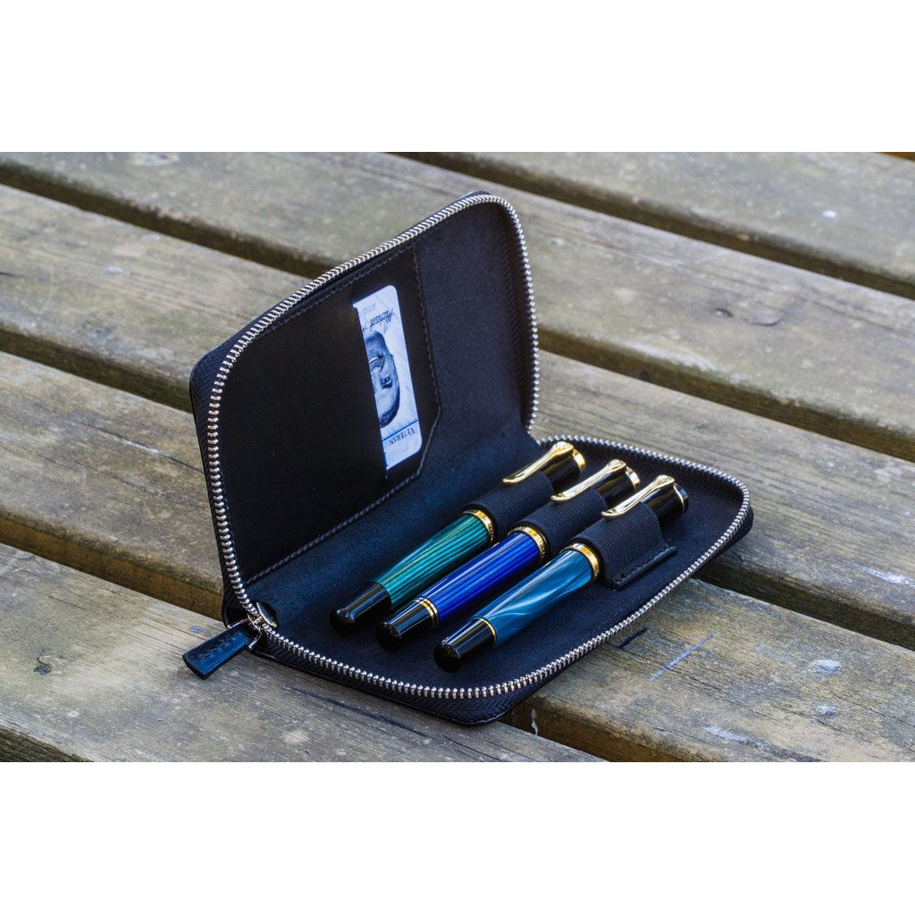 Galen Leather 3 Pen Zipper Case - Black | Atlas Stationers.