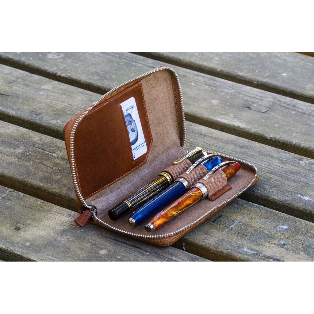 Galen Leather 3 Pen Zipper Case - Brown | Atlas Stationers.