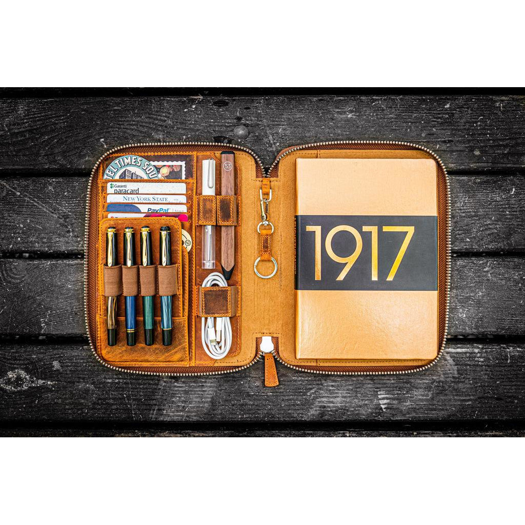 Galen Leather Zipped A5 Notebook Folio - Crazy Horse Brown | Atlas Stationers.