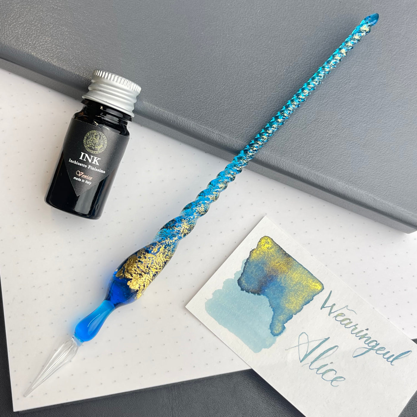 Murano Glass Dip Pen with Gold Leaf - Turquoise