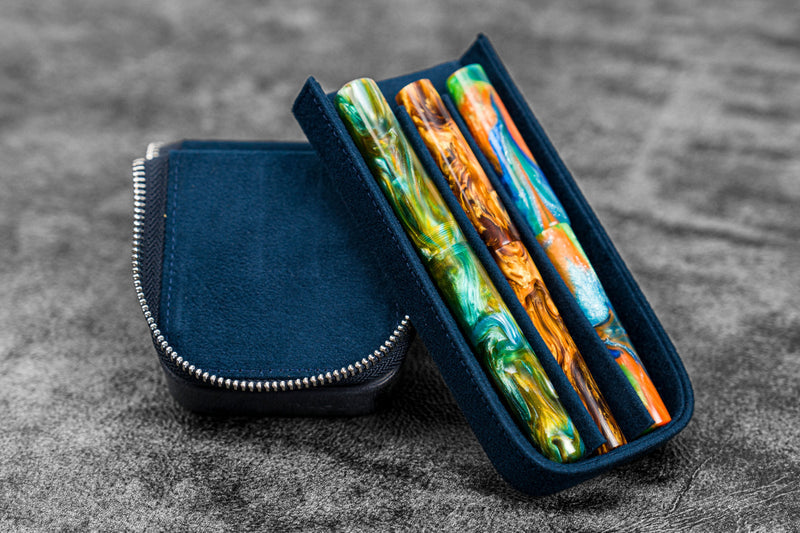 Galen Leather Zippered Magnum Opus 3 Slot Pen Case - Crazy Horse Navy Blue