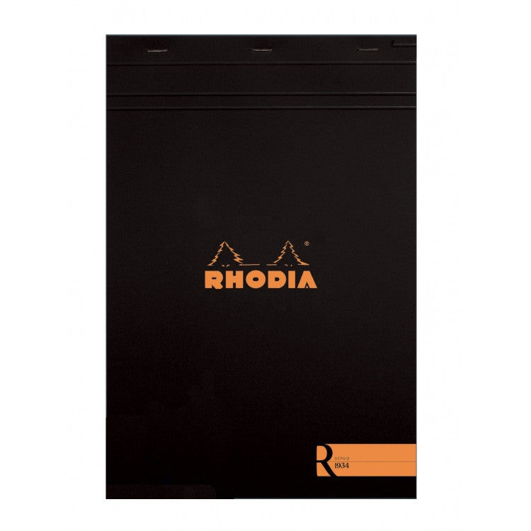 Rhodia "R" Premium Stapled Notepad - Blank 70 sheets - 8 1/4 x 11 3/4 - Black cover | Atlas Stationers.