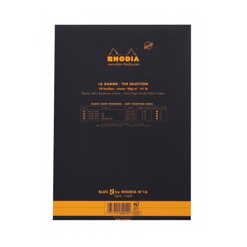 Rhodia "R" Premium Stapled Notepad - Lined 70 sheets - 6 x 8 1/4 - Black cover | Atlas Stationers.