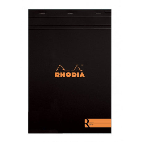 Rhodia "R" Premium Stapled Notepad, Lined, Black Cover, 8 14" x 11 3/4" | Atlas Stationers.