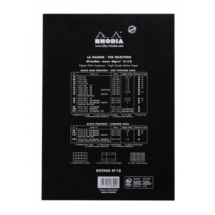 Rhodia Staplebound Notepad - Dot grid 80 sheets - 8 1/4 x 11 3/4 - Black cover | Atlas Stationers.