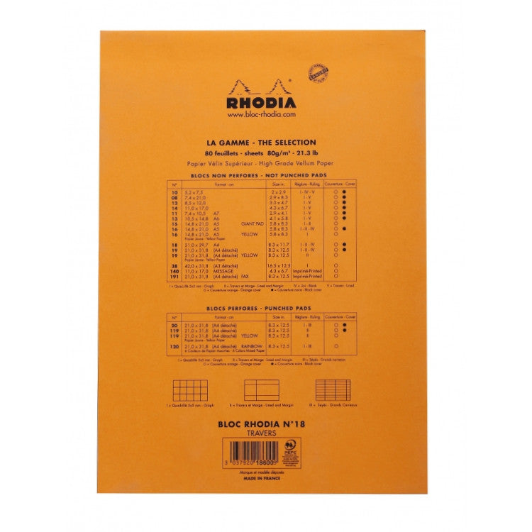 Rhodia Staplebound Notepad - Lined w/ margin 80 sheets - 8 1/4 x 11 3/4 - Orange cover | Atlas Stationers.