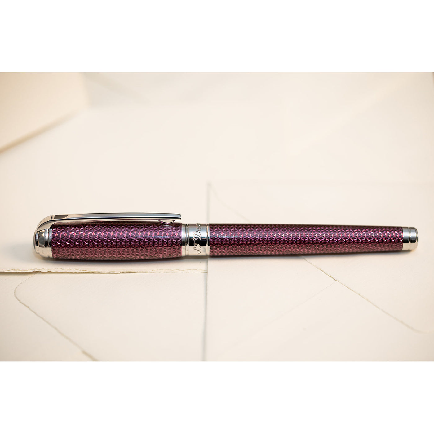S.T. Dupont Line D Large Fire-head Guilloche Fountain Pen - Amethyst with Palladium Trim | Atlas Stationers.