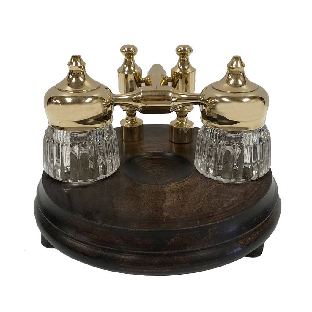 5-1/4" Wood and Polished Solid Brass Dual Inkwell Stand