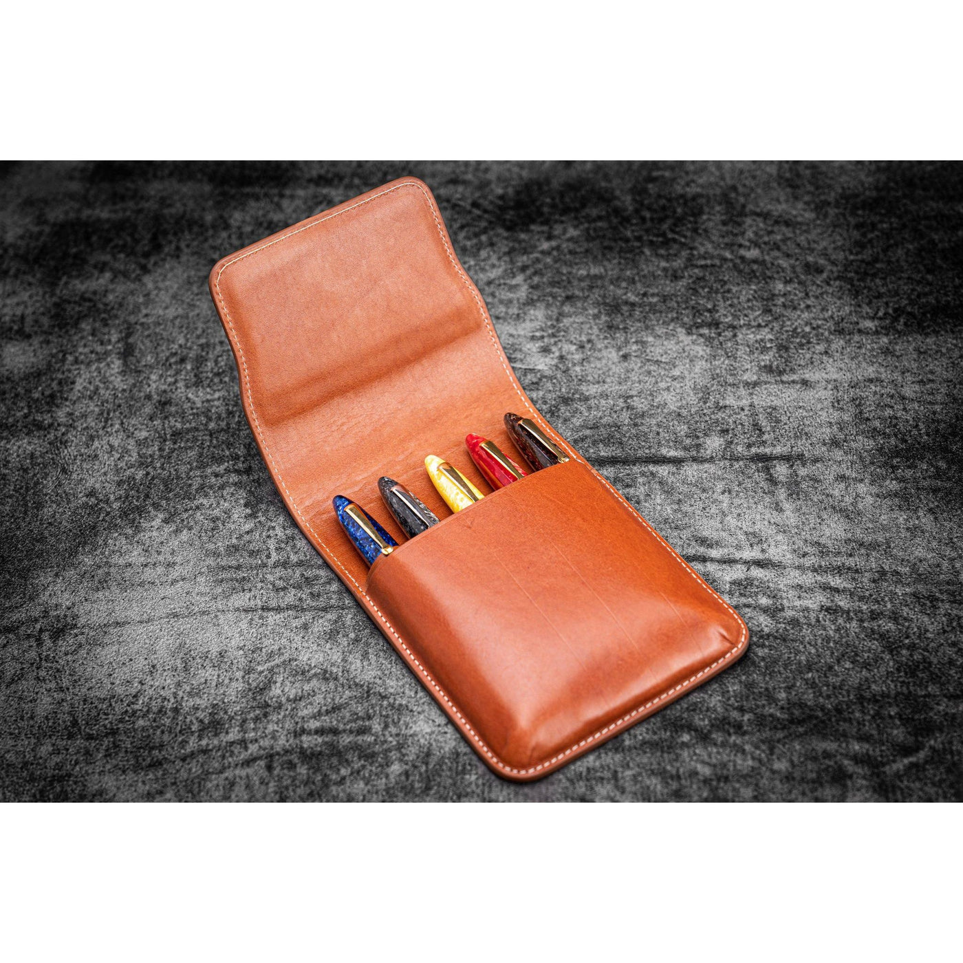 Galen Leather 5 Pen Flap Case - Brown | Atlas Stationers.