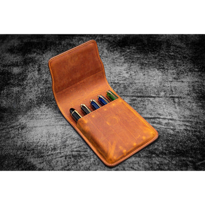 Galen Leather 5 Pen Flap Case - Crazy Horse Brown | Atlas Stationers.