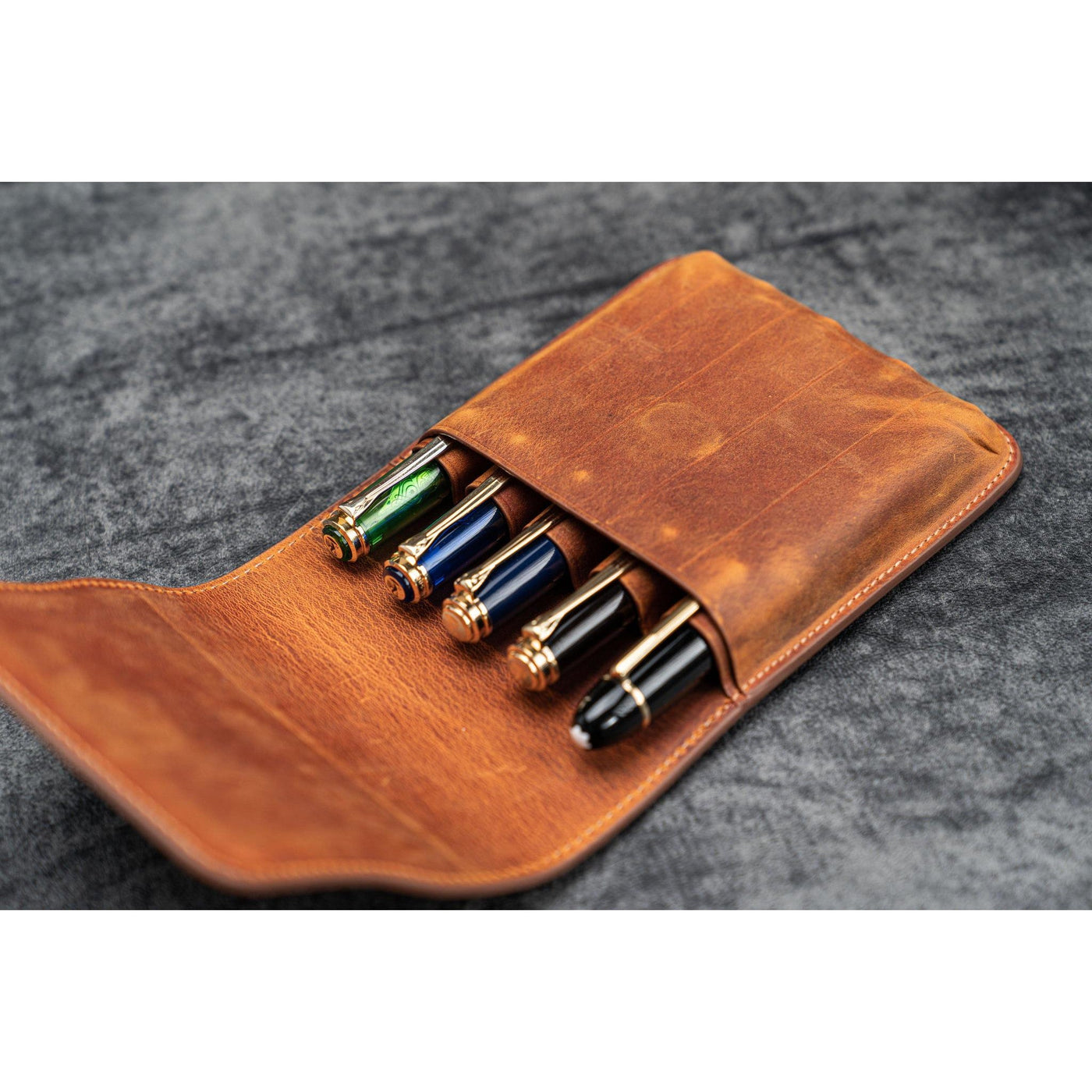 Galen Leather 5 Pen Flap Case - Crazy Horse Brown | Atlas Stationers.