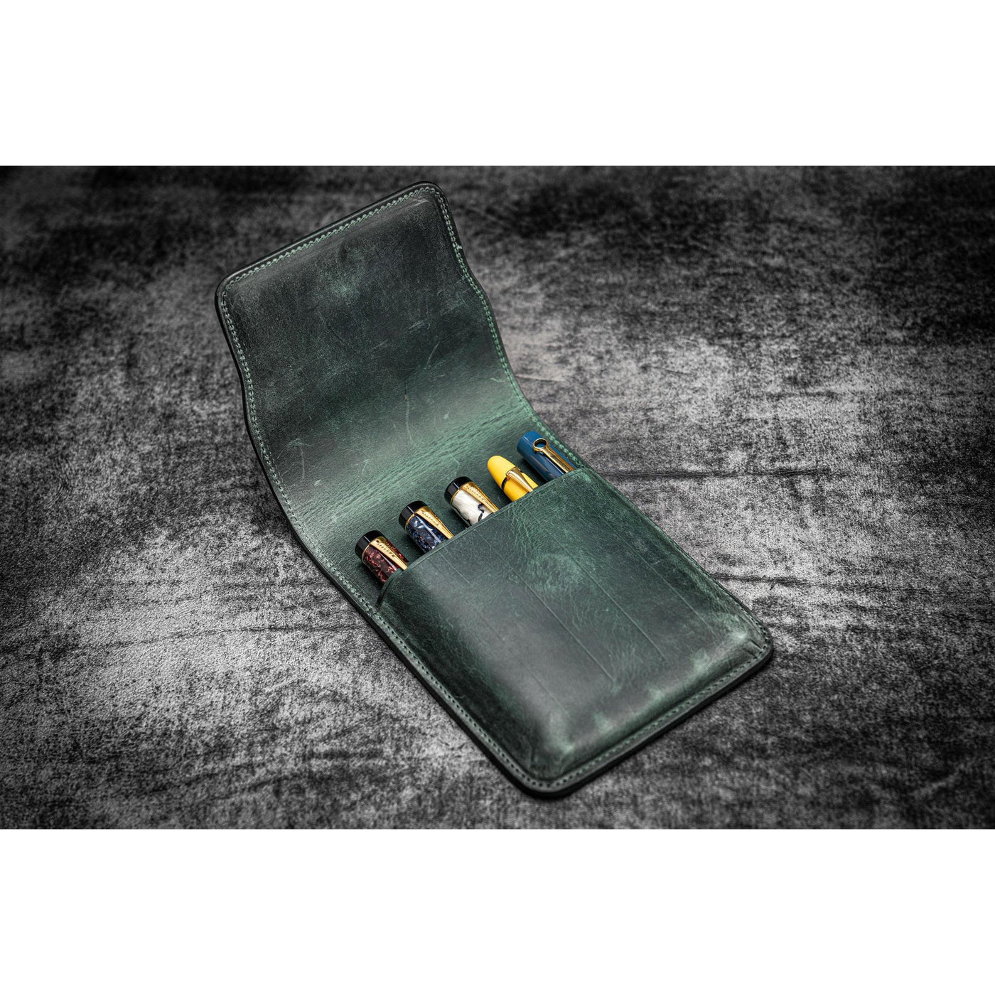 Galen Leather 5 Pen Flap Case - Crazy Horse Forest Green | Atlas Stationers.