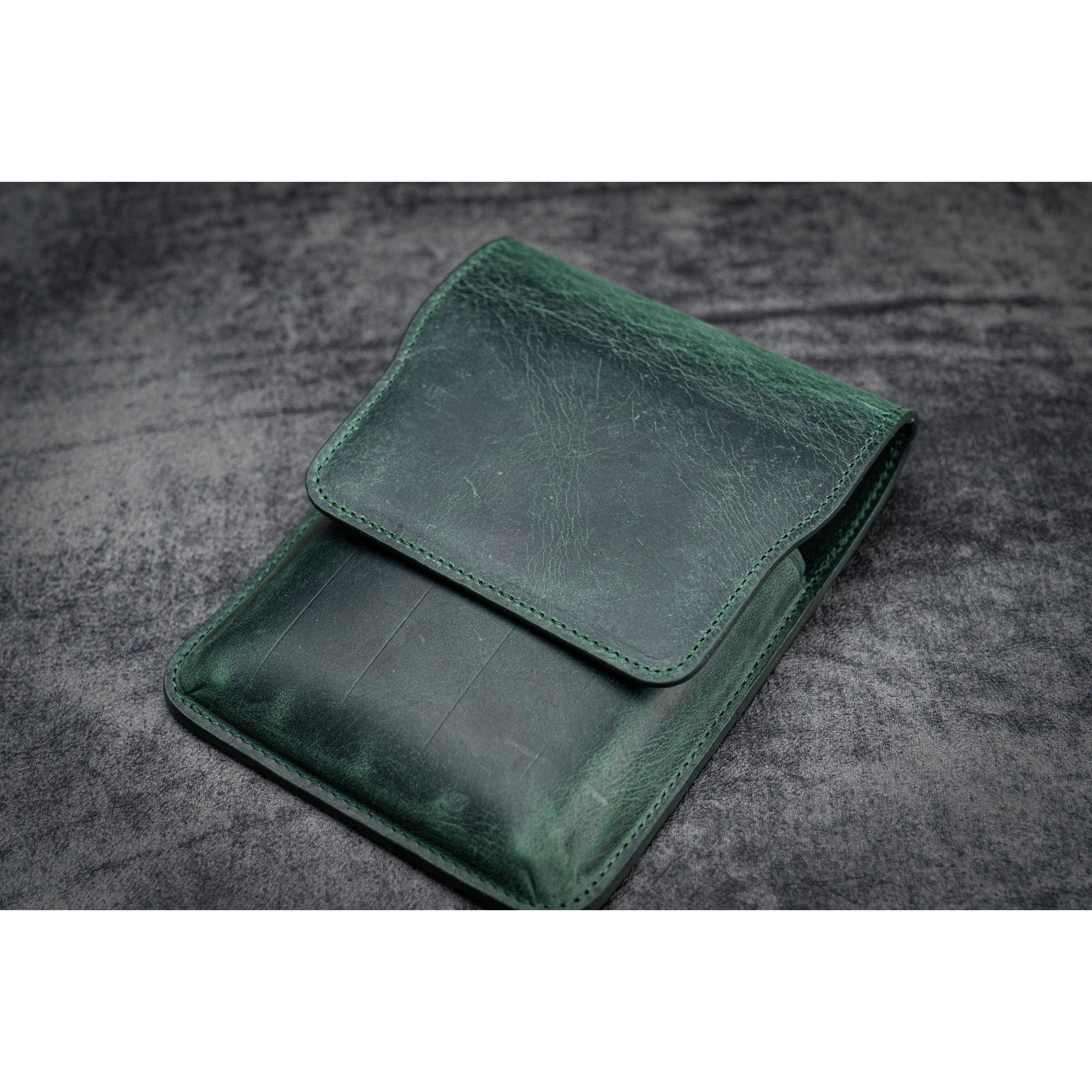 Galen Leather 5 Pen Flap Case - Crazy Horse Forest Green | Atlas Stationers.