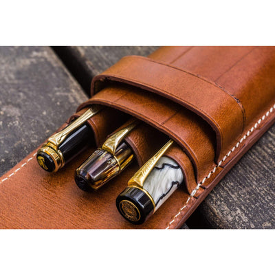 Galen Leather 3 Pen Flap Case - Brown | Atlas Stationers.