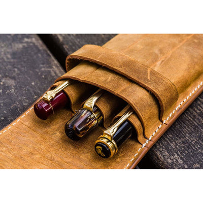 Galen Leather 3 Pen Flap Case - Crazy Horse Brown | Atlas Stationers.
