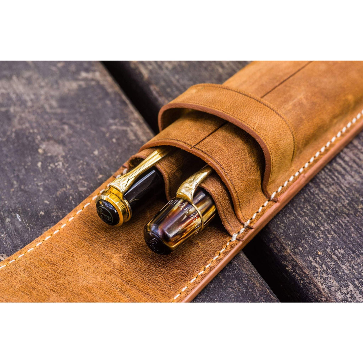 Galen Leather 2 Pen Flap Case - Crazy Horse Brown | Atlas Stationers.