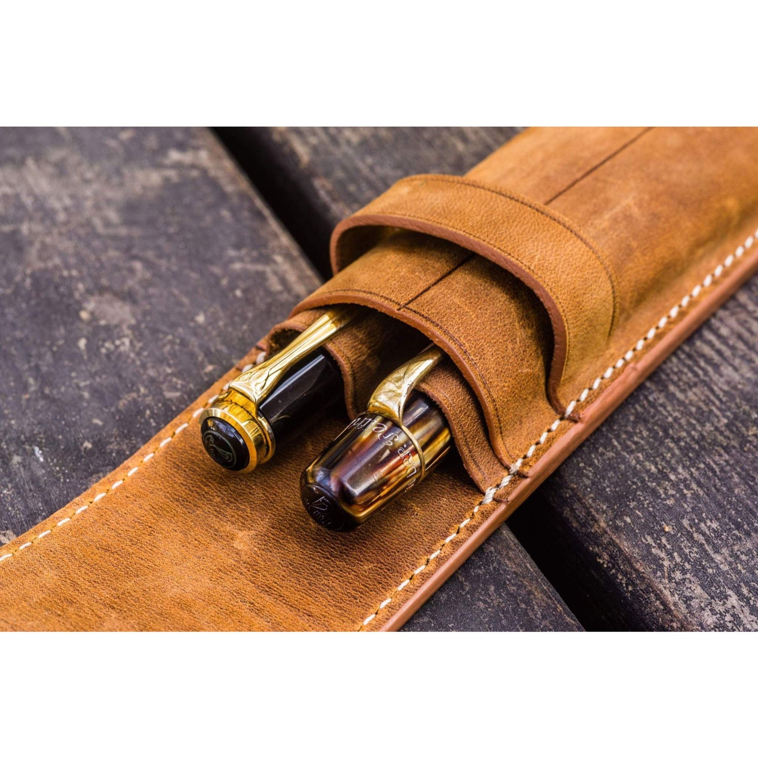 Galen Leather 2 Pen Flap Case - Crazy Horse Brown | Atlas Stationers.