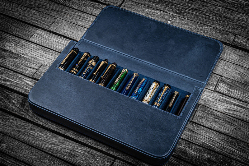 Galen Leather Magnum Opus 12 Slot Pen Case - Crazy Horse Navy Blue | Atlas Stationers.