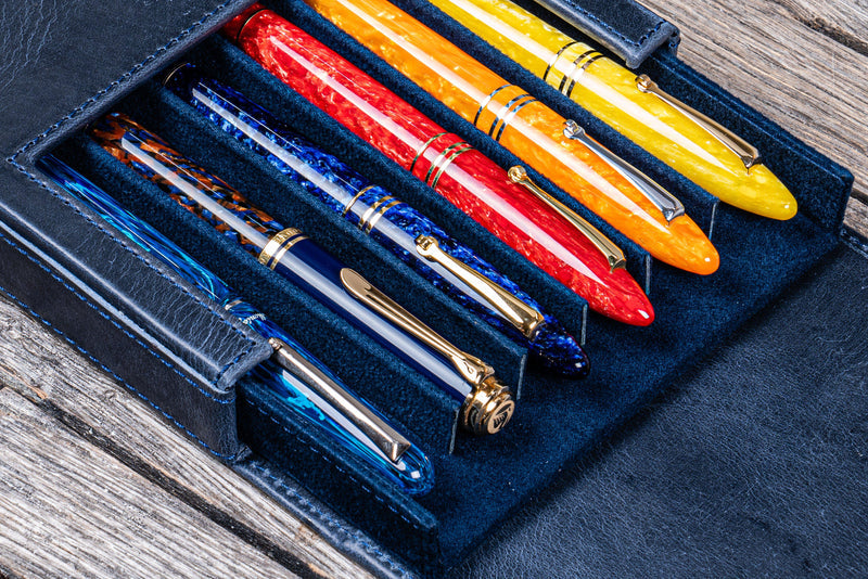 Galen Leather Magnum Opus 6 Slot Pen Case - Crazy Horse Navy Blue | Atlas Stationers.