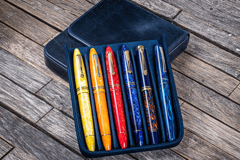 Galen Leather Magnum Opus 6 Slot Pen Case - Crazy Horse Navy Blue | Atlas Stationers.