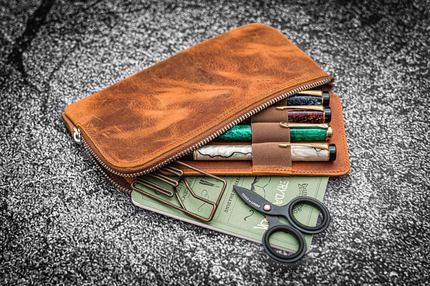 Galen Leather Slip-N-Zip 4 Slots Zippered Pen Pouch - Crazy Horse Brown | Atlas Stationers.
