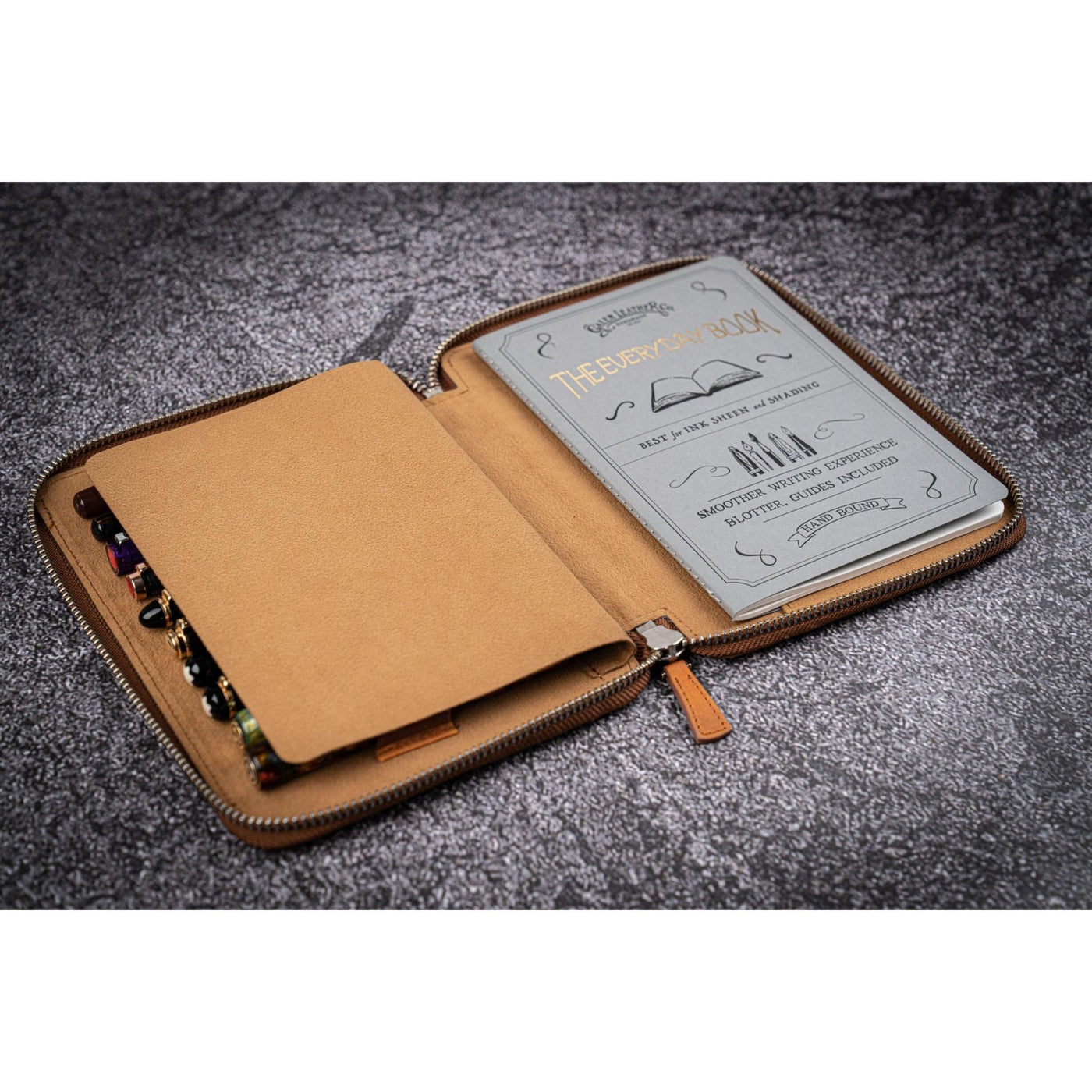 Galen Leather 10 Pen Zipper Case with A5 Notebook Holder - Crazy Horse Brown | Atlas Stationers.