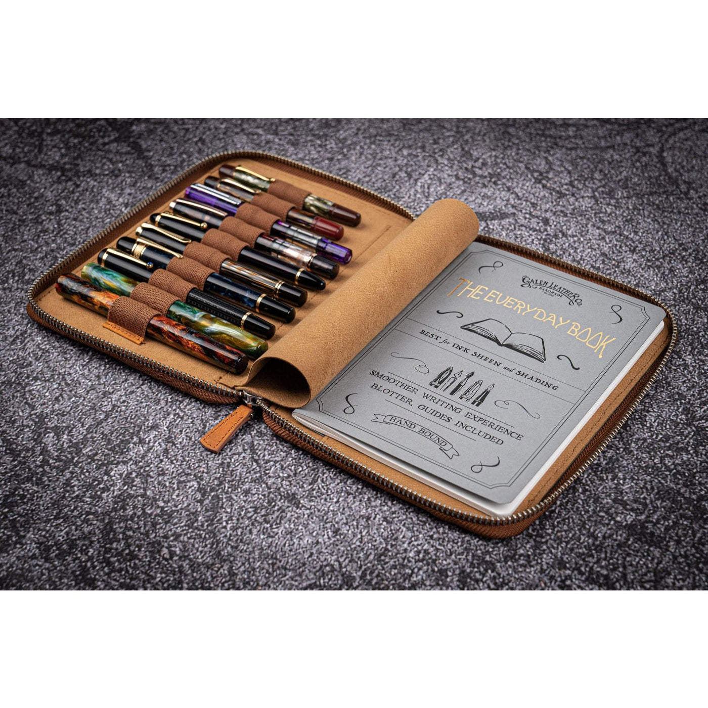 Galen Leather 10 Pen Zipper Case with A5 Notebook Holder - Crazy Horse Brown | Atlas Stationers.