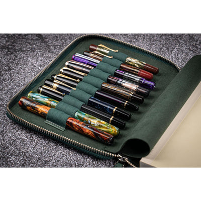 Galen Leather 10 Pen Zipper Case with A5 Notebook Holder - Crazy Horse Green | Atlas Stationers.