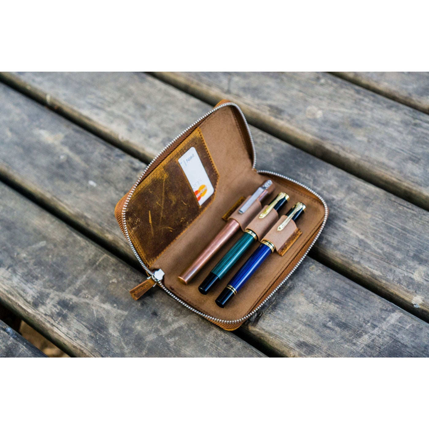 Galen Leather 3 Pen Zipper Case - Crazy Horse Brown | Atlas Stationers.