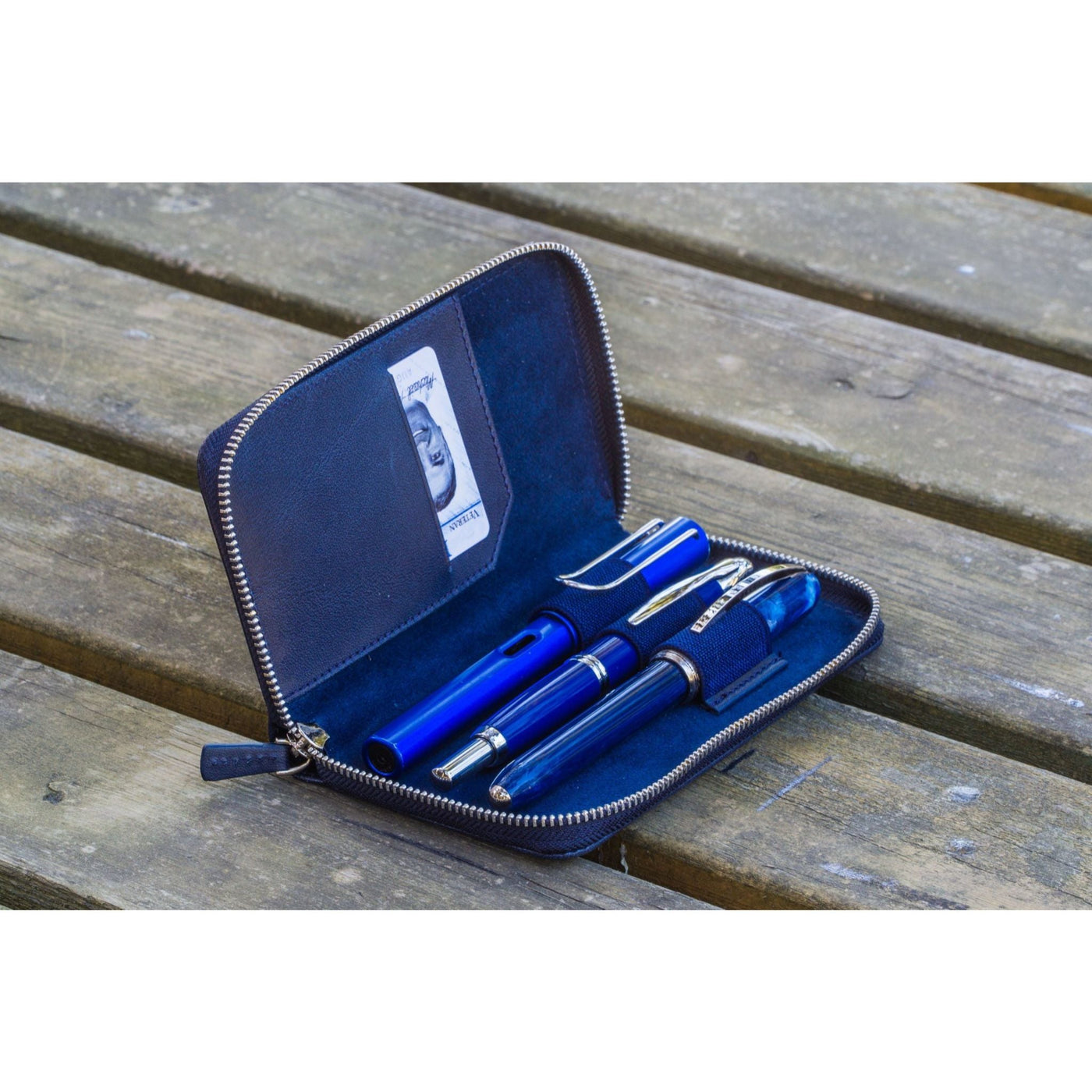 Galen Leather 3 Pen Zipper Case - Navy Blue | Atlas Stationers.