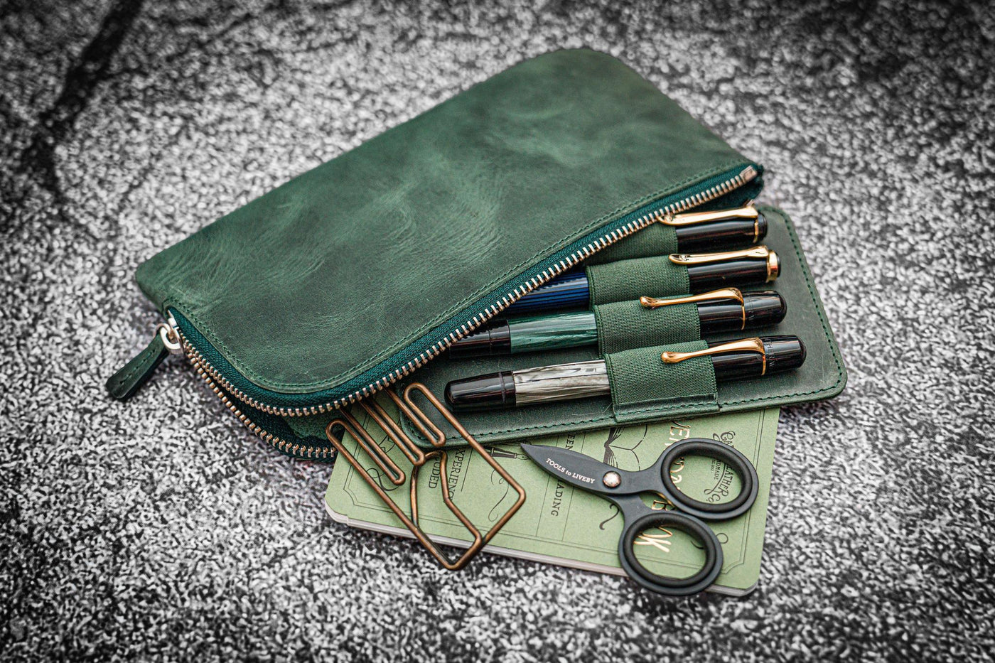 Galen Leather Slip-N-Zip 4 Slots Zippered Pen Pouch - Crazy Horse Forest Green | Atlas Stationers.
