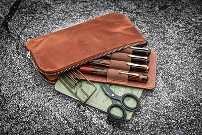 Galen Leather Slip-N-Zip 4 Slots Zippered Pen Pouch - Crazy Horse Tan | Atlas Stationers.